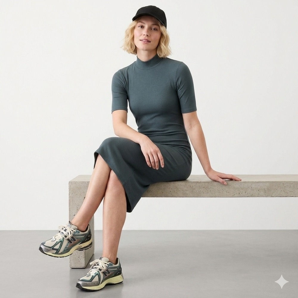 Athleta Signature Rib Mock Neck Dress Blue XXS Short Sleeve Midi 679174-03-2 NEW